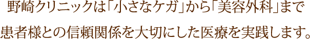 野崎クリニックは「小さなケガ」から「美容外科」まで患者様との信頼関係を大切にした医療を実践します。